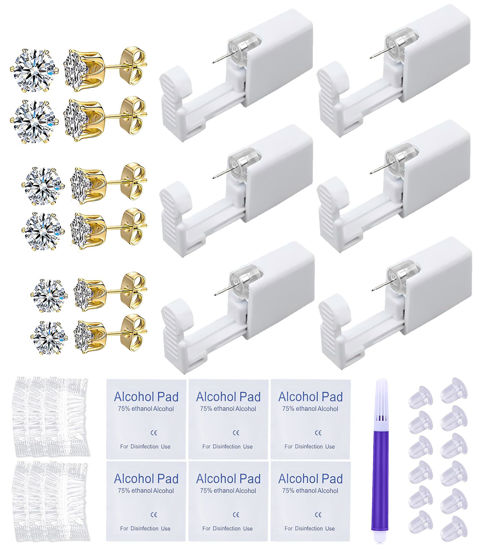 Picture of VitaCool Ear Piercing Kit Disposable Ear Cartilage Piercing Gun Kit with Sterile Multi-Sized CZ Studs Easy and Safe Earring Self Piercing Kit for Yourself Use at Home (Style A-CZ-3/4/5mm-)