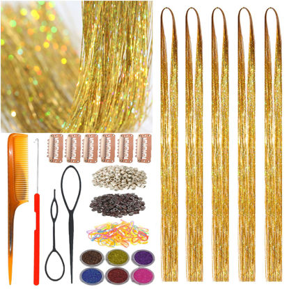 Picture of CelineBella Gold Hair Tinsel Kit with Tools Fairy Hair Tinsel Hair Extensions 48 Inch Glitter Sparkling Shiny Hair Tensile Hair Accessories for Girls Women (48 Inch Pack of 5Pcs, Laser Gold)