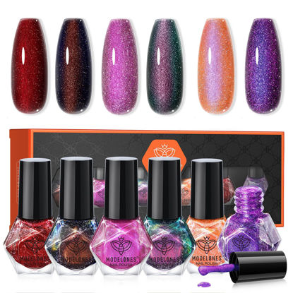 Picture of modelones Nail Polish Set 6 Colors, Christmas Red Green Glitter Quick Dry Mini Nail Lacquer Kit Winter Hot Pink Blue Purple Orange Holographic Sparkle Holiday Manicure Nail Art Gift for Women Girls
