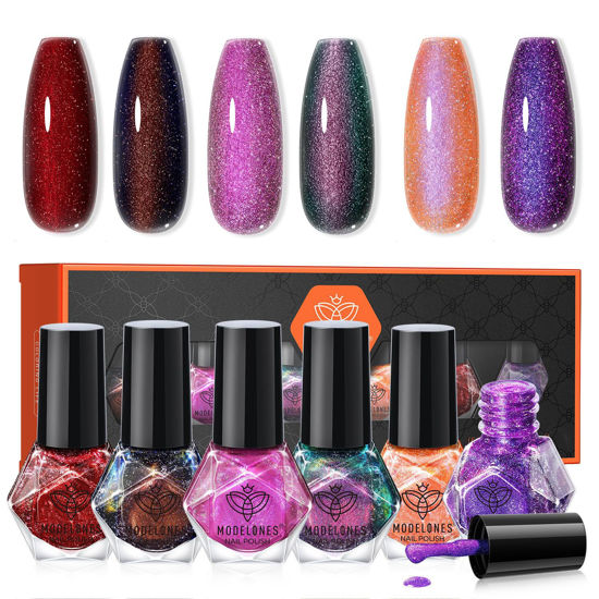 Picture of modelones Nail Polish Set 6 Colors, Christmas Red Green Glitter Quick Dry Mini Nail Lacquer Kit Winter Hot Pink Blue Purple Orange Holographic Sparkle Holiday Manicure Nail Art Gift for Women Girls