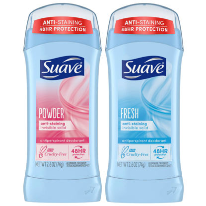Picture of Suave Deodorant Antiperspirant for Women, Variety Pack - Powder + Fresh, Invisible Solid, 48H Protection, Anti-Staining, 2.6 Oz Ea (2 Piece Set)