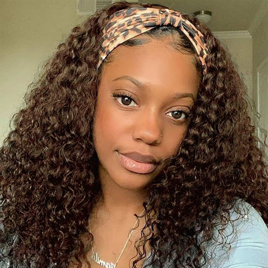 Picture of Aiterina Headband Wig Human Hair Headband Wig Deep Wave Human Hair Wigs for Black Women Glueless Human Hair Wigs Machine Made 150% Density No Lace Deep Headband Wig Chocolate Brown 22 inch