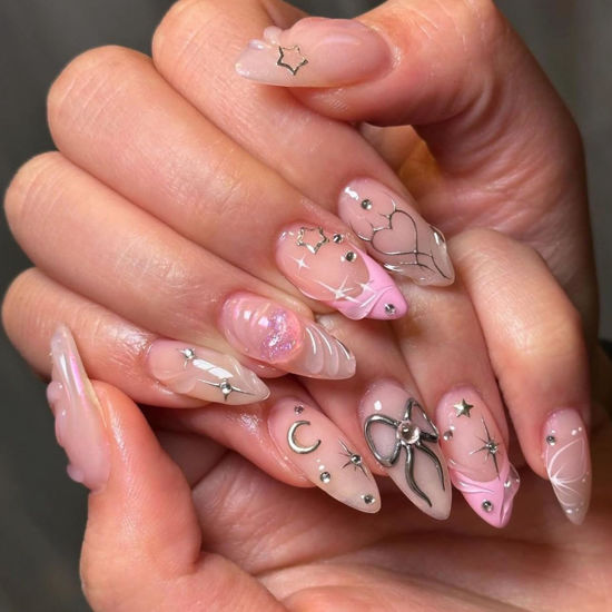 Picture of Medium Press on Nails Almond Fake Nails Pink French False Nails with 3D Bow Heart Designs Glue on Nails Full Cover Stick on Nails Valentine's Day Acrylic Nails for Women Manicure 24Pcs