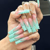 Picture of RUOKEXIN Long Press on Nails Green French Tip Fake Nails Square False Nails with 3D Pattern Designs Glitter Artificial Nails Sparkly Glue on Nails Cute Stick on Nails for Women 24Pcs