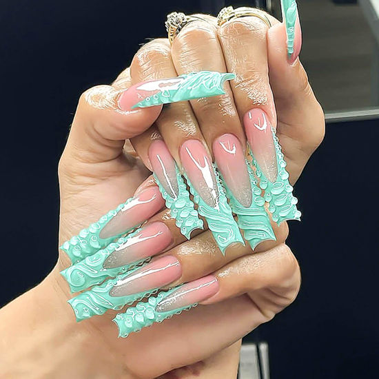 Picture of RUOKEXIN Long Press on Nails Green French Tip Fake Nails Square False Nails with 3D Pattern Designs Glitter Artificial Nails Sparkly Glue on Nails Cute Stick on Nails for Women 24Pcs