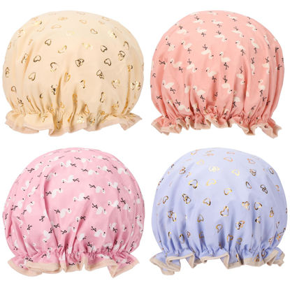 Picture of 4 Pcs Shower Caps Hat for Women and Girl, Reusable Waterproof Bath Cap Double Waterproof Layers Bird and Heart Pattern