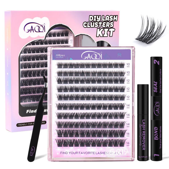 Picture of GAQQI Lash Clusters Kit, DIY Lash Extension Kit 120PCS Cluster Lashes C Curl, Wispy Eyelash Clusters 10-16MM with Lash Bond and Seal,Lash Remover and Lash Applicator (GQ19-KIT)
