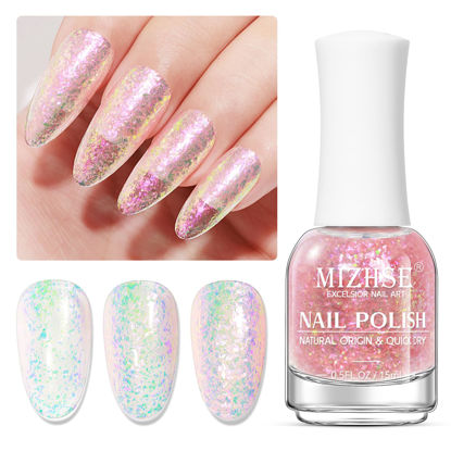 Picture of MIZHSE Nail Polish: 15Ml Mermaid Pearl Nail Polish Pink Aurora Sequins Effect Nail Polish, Fingernail and Toenail Polish Glossy Long Lasting Nail Polish Trendy DIY at Home Nail Gift Spree