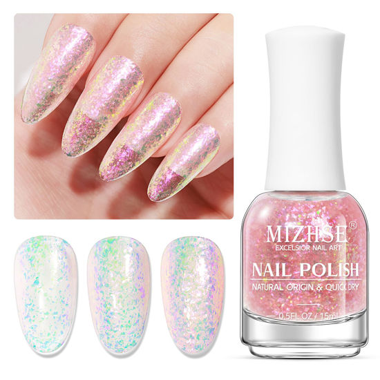 Picture of MIZHSE Nail Polish: 15Ml Mermaid Pearl Nail Polish Pink Aurora Sequins Effect Nail Polish, Fingernail and Toenail Polish Glossy Long Lasting Nail Polish Trendy DIY at Home Nail Gift Spree