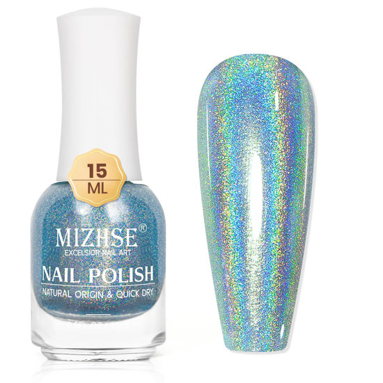 Picture of MIZHSE Holographic Nail Polish, Pink Glitter Nail Polish Air Dry Fast, 15ml/0.5 fl oz High Glossy Shiny Shimmer Nail Pigment Laser Oil-based Nail Polish Chrome Halo Nail Art Salon Manicure at Home