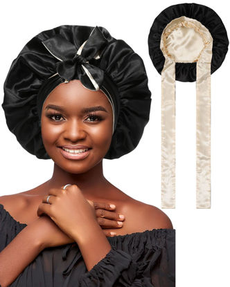 Picture of Satin Bonnet Silk Hair Bonnets for Women Curly Hair Wrap for Sleeping Cap Reversible Bonnet with Tie Band Night Cap Double Layer Sleep Cap for Curly Hair (Reversible Satin Bonnet (Champagne+Black)