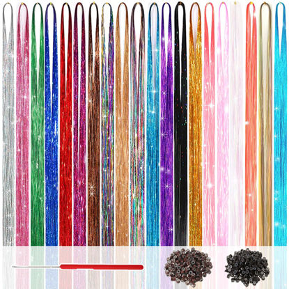 Picture of Hair Tinsel Kit (48 Inch, 20 Colors, 6000 Strands), Glitter Tinsel Hair Extensions with Tools - Fairy Hair Tinsel Heat Resistant Accessories for Women Girls Kids