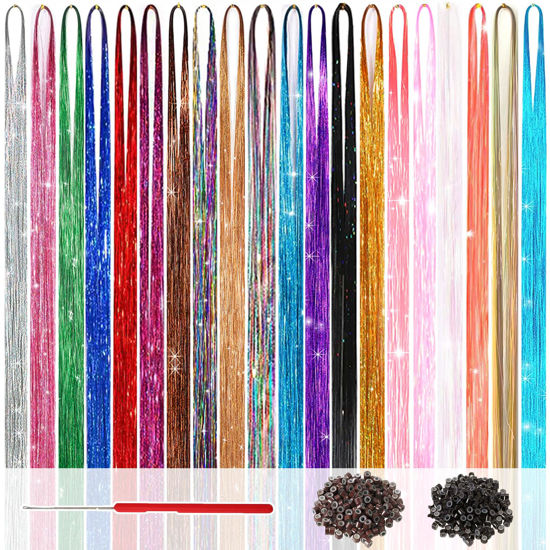 Picture of Hair Tinsel Kit (48 Inch, 20 Colors, 6000 Strands), Glitter Tinsel Hair Extensions with Tools - Fairy Hair Tinsel Heat Resistant Accessories for Women Girls Kids
