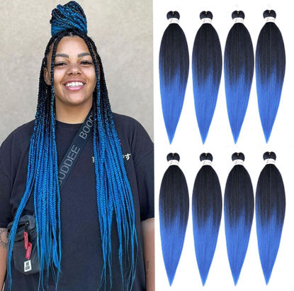 Picture of Pre-Stretched Braiding Hair, 20 inch Braiding Hair 8 Packs Ombre Black to Blue Professional Soft Yaki Texture, No Itch, Hot Water Setting Hair Extensions for Braids (20in,1B/Blue)