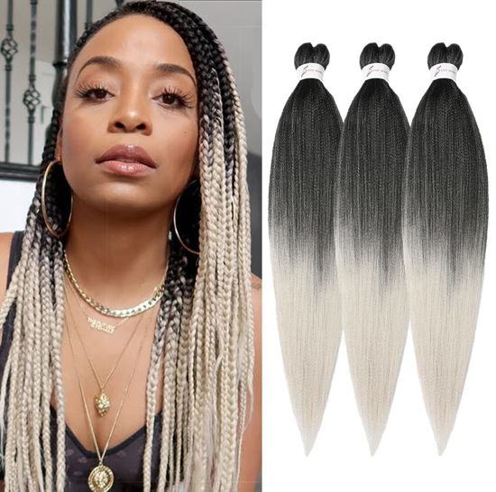 Picture of Braiding Hair Pre Stretched 24 Inch 3 Packs Ombre Gray Braiding Hair Yaki Texture, Hot Water Setting, Easy To Install Professional Synthetic Hair Extensions (24in,1B/Silver)