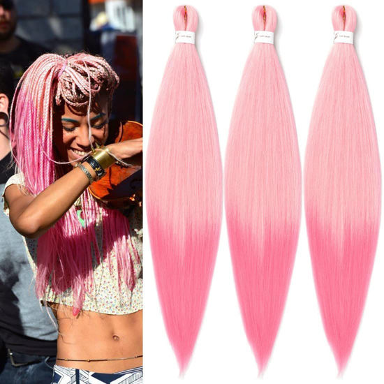 Picture of Pre Stretched Braiding Hair 24 inch 3 Packs Braiding Hair 8 Packs Soft Yaki Texture, No Itch, Hot Water Setting Synthetic Hair Extensions for Braids Auburn Brown(24in,613Pink)