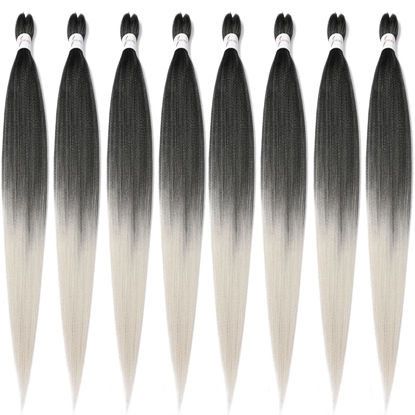Picture of 8 Packs Pre Stretched Braiding Hair, 48 Inch Braiding Hair Pre Stretched Yaki Texture, Hot Water Setting, Easy To Install Professional Synthetic Ombre Braiding Hair(1B/Silver)