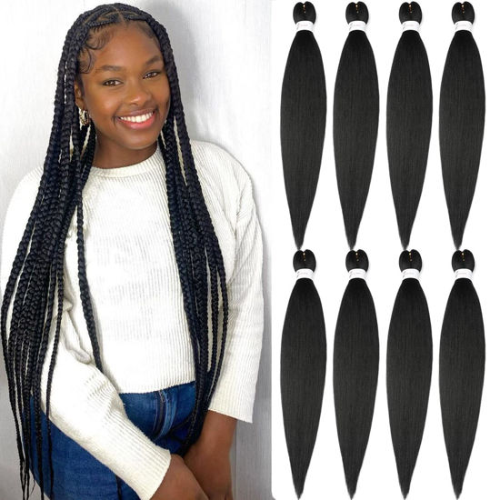 Picture of Ubeleco Braiding Hair, 30 inch Braiding Hair Pre Stretched 8 Packs Professional Synthetic Hot Water Setting, Soft Yaki Texture, No Itch Black Braiding Hair (30in,1B)