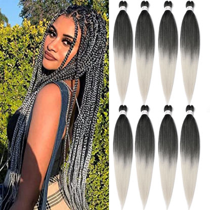 Picture of 8 Packs Pre Stretched Braiding Hair, 36 Inch Braiding Hair Pre Stretched Yaki Texture, Hot Water Setting, Easy To Install Professional Synthetic Ombre Braiding Hair(1B/Silver)