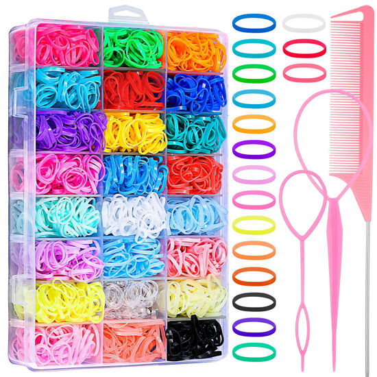 Picture of 2000 Pcs Elastic Hair Rubber Bands for Girls, 24 Colors Small Girl Hair Ties Baby Hair Ties Elastic Rubber Bands with Hair Loop Styling Tool Hair Accessories for Toddler Baby Girl Hair