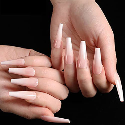 Picture of 48 Pcs Press on Nails Coffin, Long Fake Nails Ombre Nail Tips, Artificial Glossy Acrylic Ballerina Press on Nails for Women and Girls