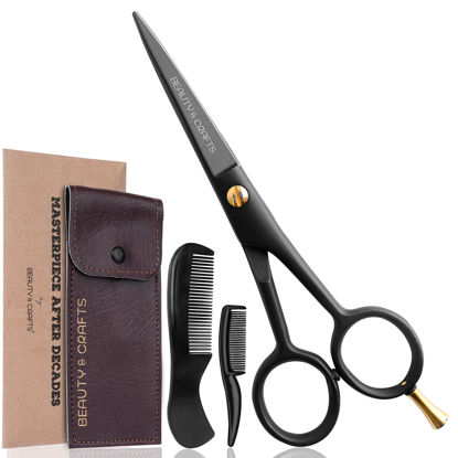 Picture of Beauty & Crafts- 5'' German Beard Mustache Scissors - 2 Mustache Comb for Facial Hair with Beautiful Pouch - Beard Trimming Scissors Use for Grooming, Cutting, and Styling of Mustache (Black)