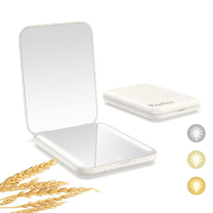 Picture of Kintion Rechargeable Pocket Mirror, Wheat Straw Material 1X/3X Magnification Portable Compact Mirror, Handheld Travel Mirror, Small Purse Mirrors for Women, Apricot