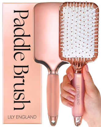 Picture of Lily England Hair Brush for Women For All Hair Types - Professional Paddle Brush for Blow Drying, Hair Detangling, & Straightening - Flat Hairbrush With Gel Handle for Easy Grip, Rose Gold