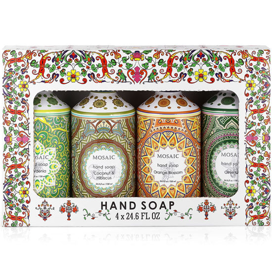 Picture of Mosaic Liquid Hand Soap / Wash Gift Set, Ideal Bathroom Kitchen Hand Soap Set , Olive Oil + Coconut & Hibiscus + Gardenia + Orange Blossom, 4 x 24.6 fl oz Each Liquid Soap Bottle