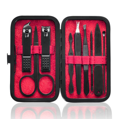 Picture of HANTEKAS Manicure Set 9 in 1 Stainless Steel, Nail Clippers Scissors Pedicure Tools Kit - Portable Travel Grooming Kit for Men and Women with Black/Red Leather Case (Red)