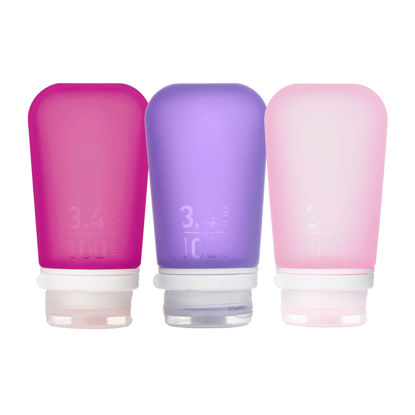 Picture of humangear GoToob+ Refillable Silicone Travel Size Bottles with Locking Cap, 3pk Set, Rose/Lilac/Magenta, Large (3.4 fl.oz; 100ml)