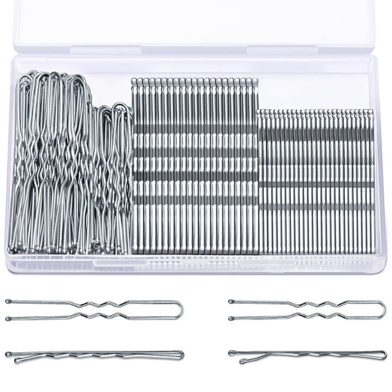 Picture of TsMADDTs Hair Pins Kits, 200PCS Silver Bobby U Shaped Pins for Women Hair Styling, Buns with Plastic Box, 2.4IN & 2IN