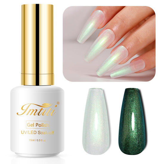 Picture of Imtiti Pearl Gel Nail Polish, 0.5 Fl Oz Green Transparent Shell Shimmer Nail Gel Polish Mermaid Nail Drawing Gel Polish Iridescent Pearlescent Spring Summer Nail Polish Soak Off Led UV