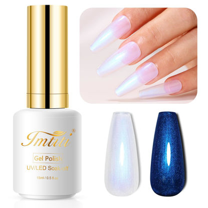 Picture of Imtiti Pearl Gel Nail Polish, 0.5 Fl Oz Blue Transparent Shell Shimmer Nail Gel Polish Mermaid Nail Drawing Gel Polish Iridescent Pearlescent Spring Summer Nail Polish Soak Off Led UV