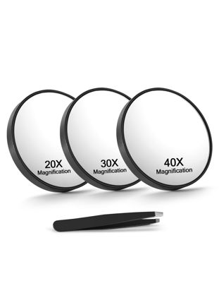 Picture of Macaki 20X/30X/40X Magnifying Mirror with Suction Cups and Tweezers Set, 3.5 inches Travel Magnified Makeup Mirror, Black, 3PCS
