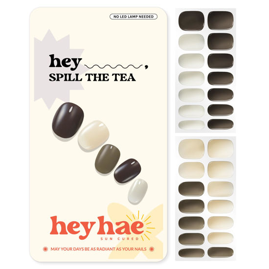 Picture of Heyhae Semi Cured Gel Nail Strips | Sun Cured Gel Nail Wraps No LED Lamp Needed Easy Apply & Remove | Includes 28 strips, 1 Prep Pad, 1 Nail File & 1 Wooden Stick - Hey, Spill the Tea
