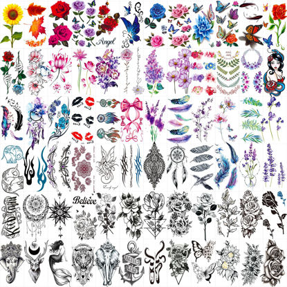 Picture of 72 Sheets Temporary Tattoos for Women and Girls, Flower / Butterfly Temporary Tattoo, Fake Black Tiny Body Art Sticker