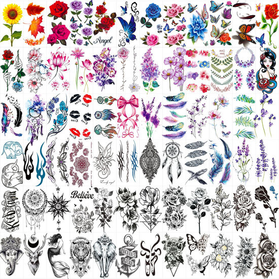 Picture of 72 Sheets Temporary Tattoos for Women and Girls, Flower / Butterfly Temporary Tattoo, Fake Black Tiny Body Art Sticker