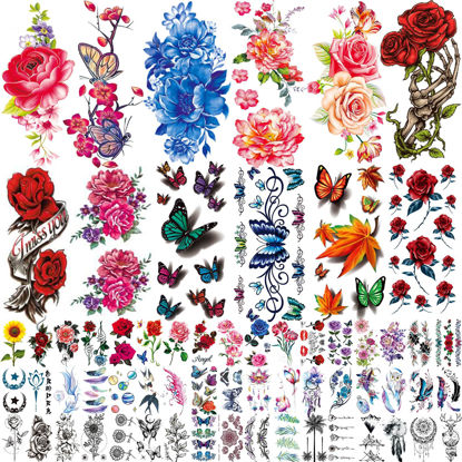 Picture of 82 Sheets Flowers Temporary Tattoos Stickers, Roses, Butterflies and Multi-Colored Mixed Style Body Art Temporary Tattoos for Women, Girls or Kids