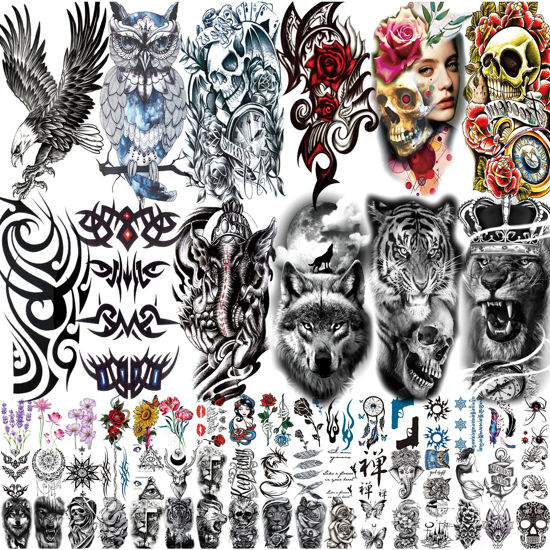 Picture of 80 Sheets Temporary Tattoos Stickers, Fake Body Arm Chest Shoulder Tattoos for Men and Women, Halloween Temporary Tattoos Black Fake Skull Skeleton Tattoos for Halloween Cosplay