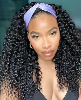 Picture of Aiterina Human Hair Wig Deep Wave 16 Inch Headband Wig Curly Hair Wig Machine Made Wig Non Lace Front for Women Natural Color
