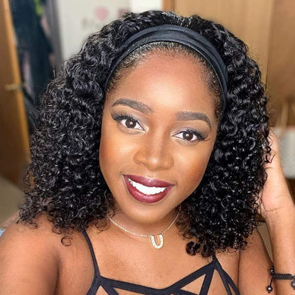 Picture of Aiterina Headband Wig Deep Wave Human Hair Wigs Virgin Hair Wigs 14 Inch None Lace Front Wigs For Black Women Deep Wave Machine Made Wigs Natural Color