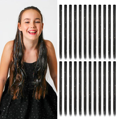 Picture of Dreamlover 2-in-1 Clip in Black Hair Extensions with Silver Hair Tinsel, Clip and Go Tinsel Hair Extensions for Women, Fairy Hair Tinsels for Girls, Hair Accessories for Women, 24 Pieces