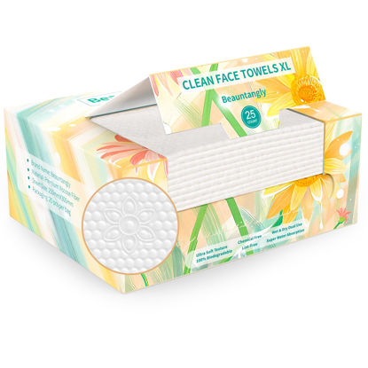 Picture of Beauntangly Disposable Face Towel, XL Facial Towelettes Soft Thick Absorbent, Lint-Free Biodegradable Makeup Remover Dry Wipes for Skin Care Washing Drying Nursing Camping Travel Essentials, 25 Ct