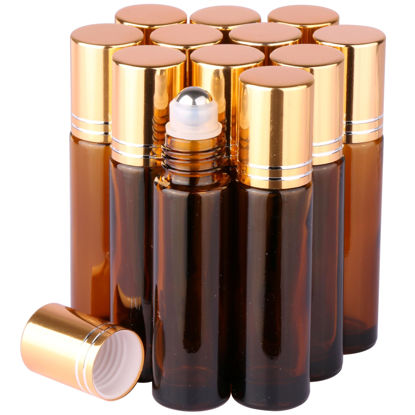 Picture of inice 12 Pack Essential Oil Roller Bottles Amber Glass RollerBalls for Essential Oils Refillable Roll on Perfume Bottles with Alloy Caps for Travel