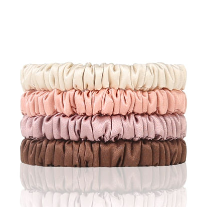 Picture of SEMRUE 4 Count Silk Hair Ties 22 Momme 100% Pure Mulberry, Beige, Coral, Brown, Cameo Brown for Hair Sleep, Small Scrunchies for Women