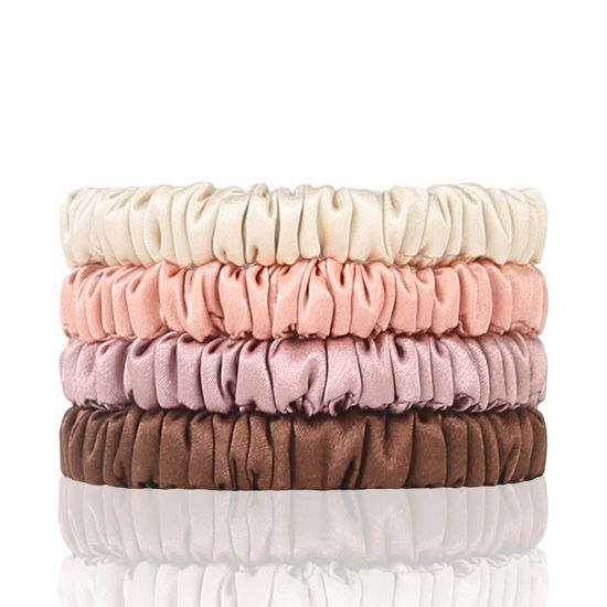 Picture of SEMRUE 4 Count Silk Hair Ties 22 Momme 100% Pure Mulberry, Beige, Coral, Brown, Cameo Brown for Hair Sleep, Small Scrunchies for Women