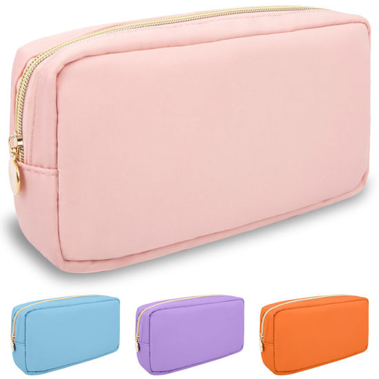 Picture of Nylon Small Makeup Bag for Purse, Cute Preppy Pink Makeup Bag Cosmetic Zipper Pouch Purse, Waterproof Portable Travel Toiletry Bag Clutch Makeup Brush Bag Organizer Storage for Women Men Girls(Pink)