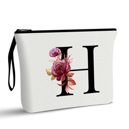 Picture of Vavabox A-Z Personalized Makeup Bag,Birthday Gifts for Women Mom,Gifts for Best Friend,Bride Bridesmaid Cosmetic bag (H, White)