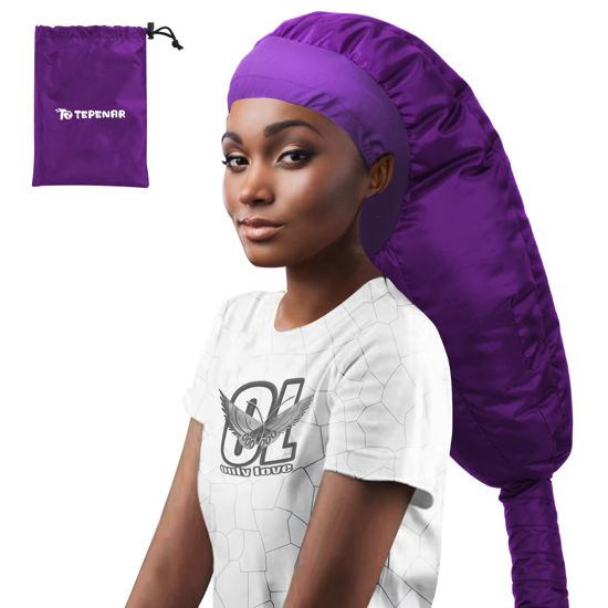 Picture of TEPENAR Bonnet Hair Dryer Attachment: Upgraded Extra Large Adjustable Soft Hooded Dryer Caps - Easy to Use for Natural Curly Textured Hair Care Styling Fast Drying - Purple